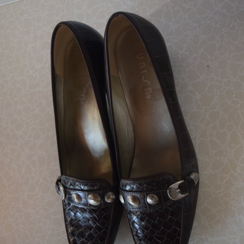 Unisa Leather Croc Embossed Pumps with Southwest Metal Detail
